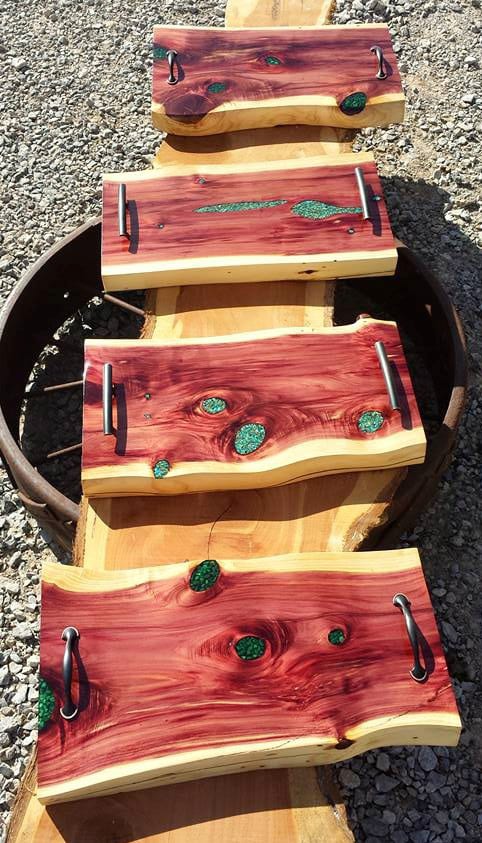 Brian does value-added inlay work on some of his pieces. Here's turquoise inlaid into red cedar.