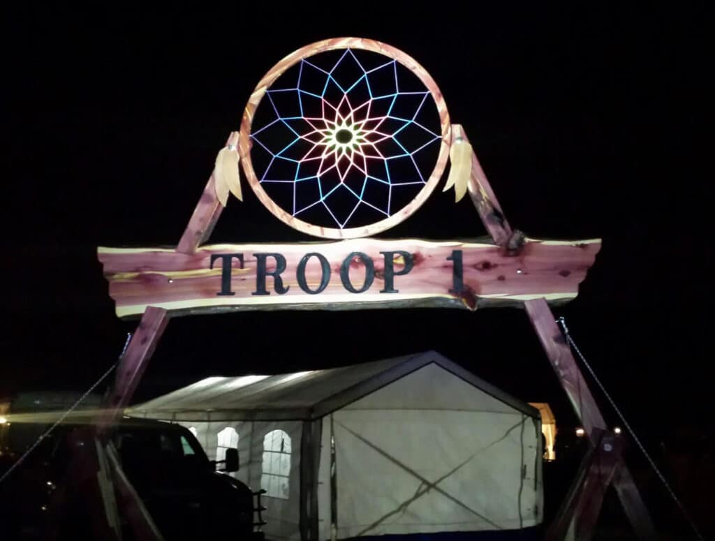 Bryan sawed the cedar that he and other Boy Scout leaders used to build this award-winning "gateway" for their troop's campouts and jamborees.