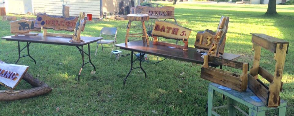 Dave collaborates with others to make items for sale. He supplies his friend, firefighter, James Welch with slabs. James turns them into handsome rustic signs.
